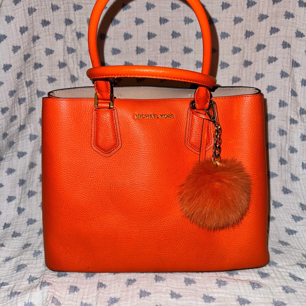 Michael Kohrs Vibrant Orange Tote with Pom-Pom Charm